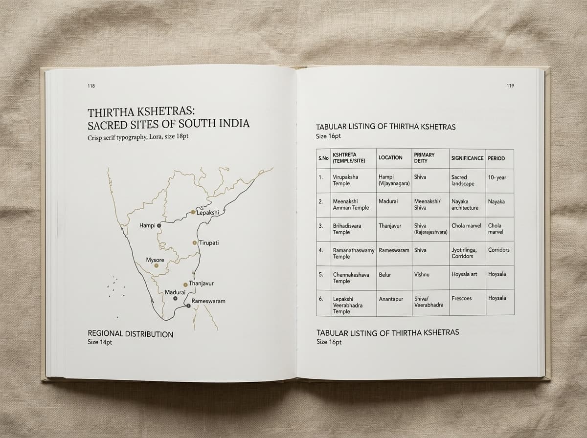 Inside spread of Thirtha Yatra book showing tabular data and pilgrimage map